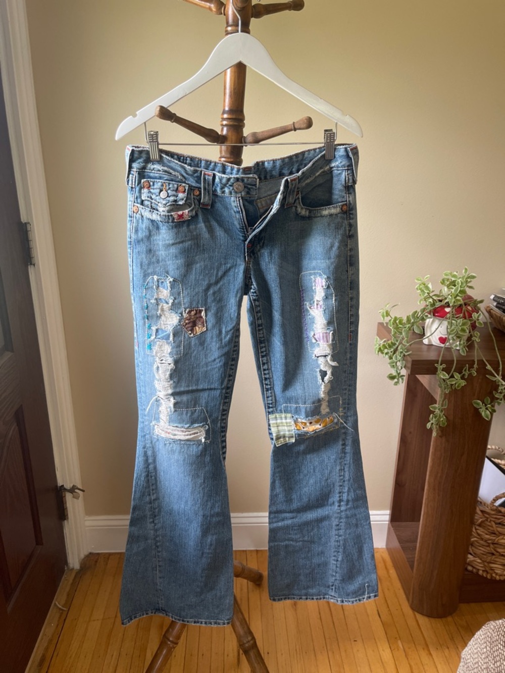 Womens Distressed Patchwork Blue Jeans - Flared Leg